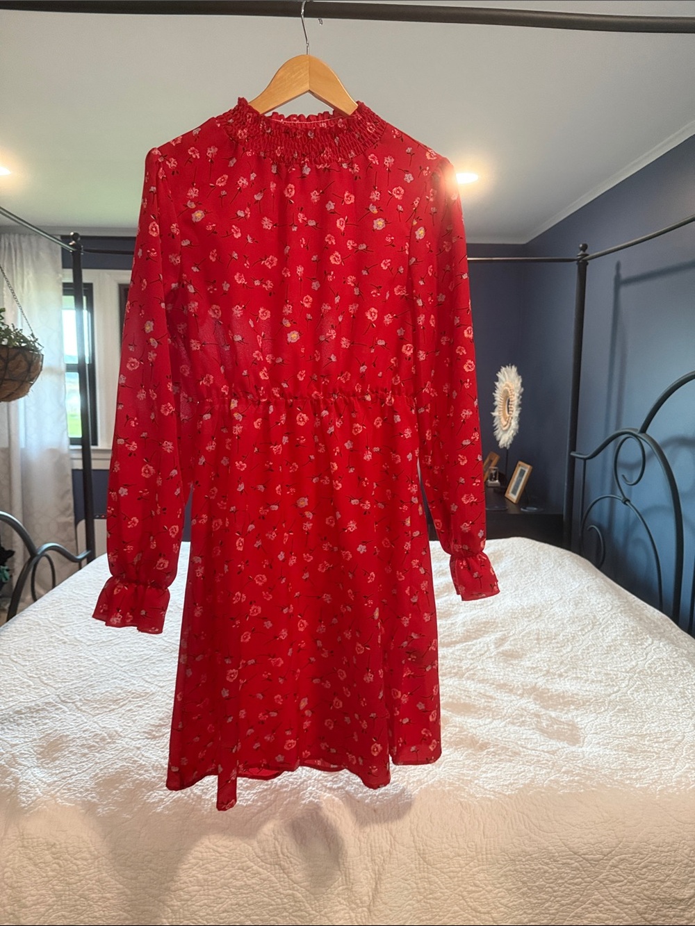 Red Floral Long-Sleeve Smocked Neck Dress